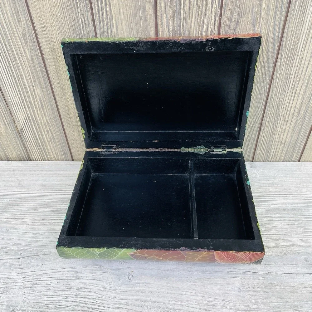 Vintage Hand Painted Wooden Box Parrot Floral Jewelry Storage Trinket